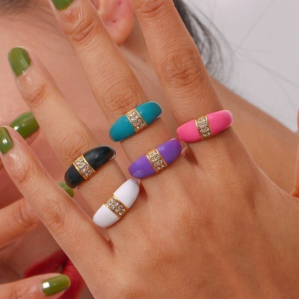 欧美时尚简约小众轻奢指环饰品 不锈钢镀18K金开口半镶钻滴油戒指