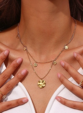 欧美ins摩登简约流行百搭毛衣链饰品 不锈钢凹凸表面圆花双层项链