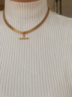 欧美INS风朋克嘻哈T棒吊坠手表带颈链项链 18K金不锈钢项圈女士款