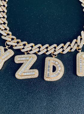 可定制！欧美嘻哈大号夸张冰糖字母挂圈拼接吊坠项链微镶锆石项链