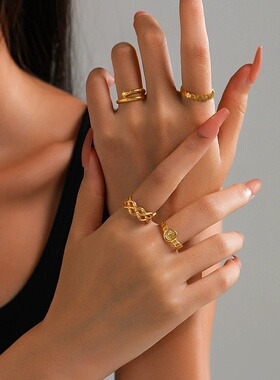 不锈钢！欧美时髦感笑脸网格钉子几何潮流交叉开口可调节指环戒指