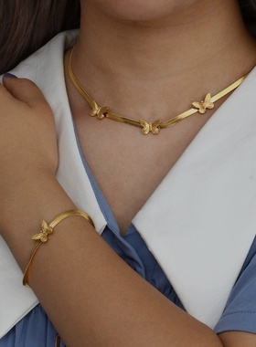 2024跨境欧美饰品手链女小众潮流设计不锈钢蝴蝶人形鱼骨链项链