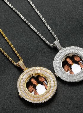 可定制跨境欧美嘻哈圆形相框吊坠个性照片T方锆石DIY创意项链男女