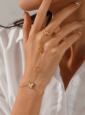 欧美摩登白贝镶嵌蝴蝶不锈钢手指链套装 个性流行18K镀金首饰