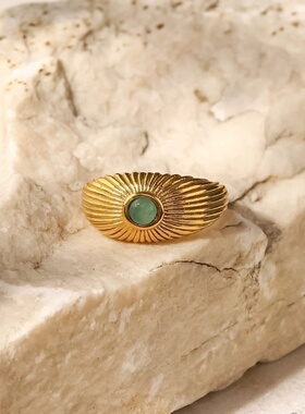 INS法式同款18K镀金不锈钢天然绿色石头太阳形戒指朋克风格戒指女