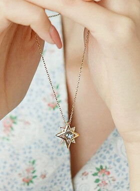 精致轻奢芒星吊坠项链镂空设计感嵌锆石天然石北极星项链铜镀真金