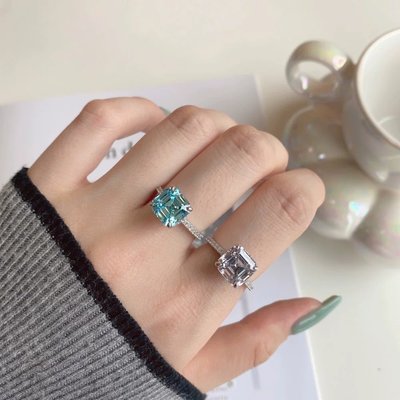 欧美s925银跨境戒指女超闪方形宝塔切高碳钻海蓝宝戒指