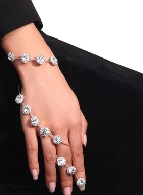 欧美花朵镶钻手链高级感百搭简约缠指水钻手链手掌戒指艺术感手镯