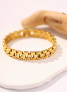 欧美INS网红同款金属风钛钢手链 不锈钢PVD镀18K金手表带手链手饰