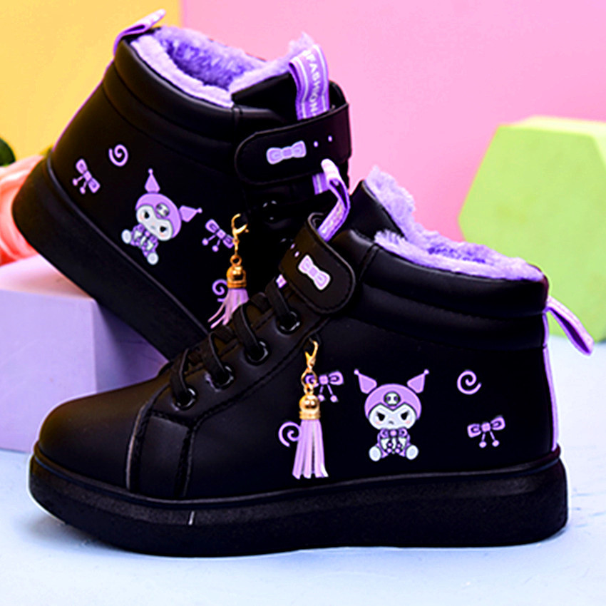 小学生幼儿园女孩子5冬季7中大童10皮面加绒板鞋13运动棉鞋15岁黑