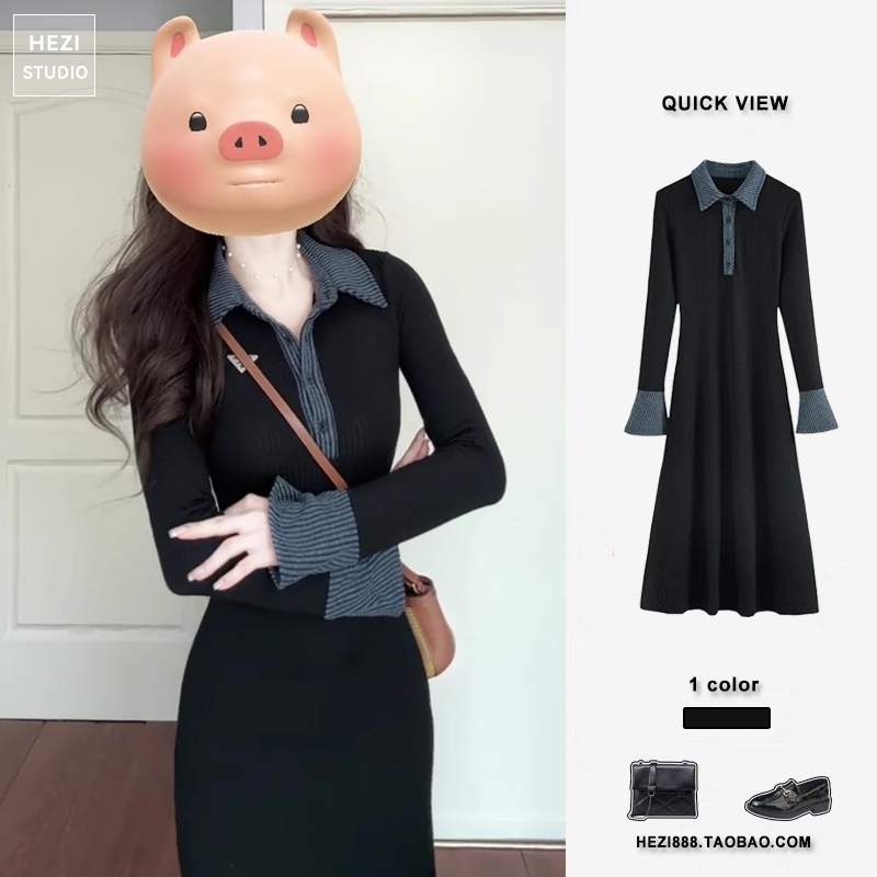 韩系高级感POLO领黑色针织连衣裙