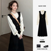 赫本小香风假两件拼接收腰气质长裙打底黑色针织连衣裙女秋冬 法式