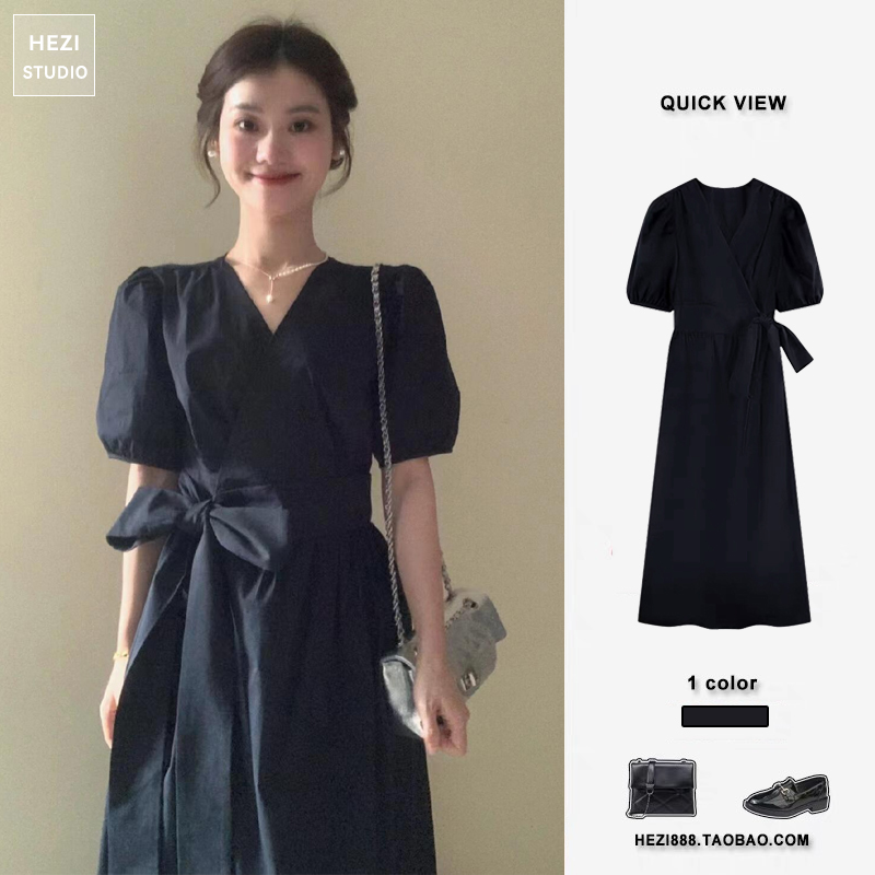 法式赫本风系带一片式收腰显瘦气质茶歇长裙泡泡袖v领连衣裙女夏