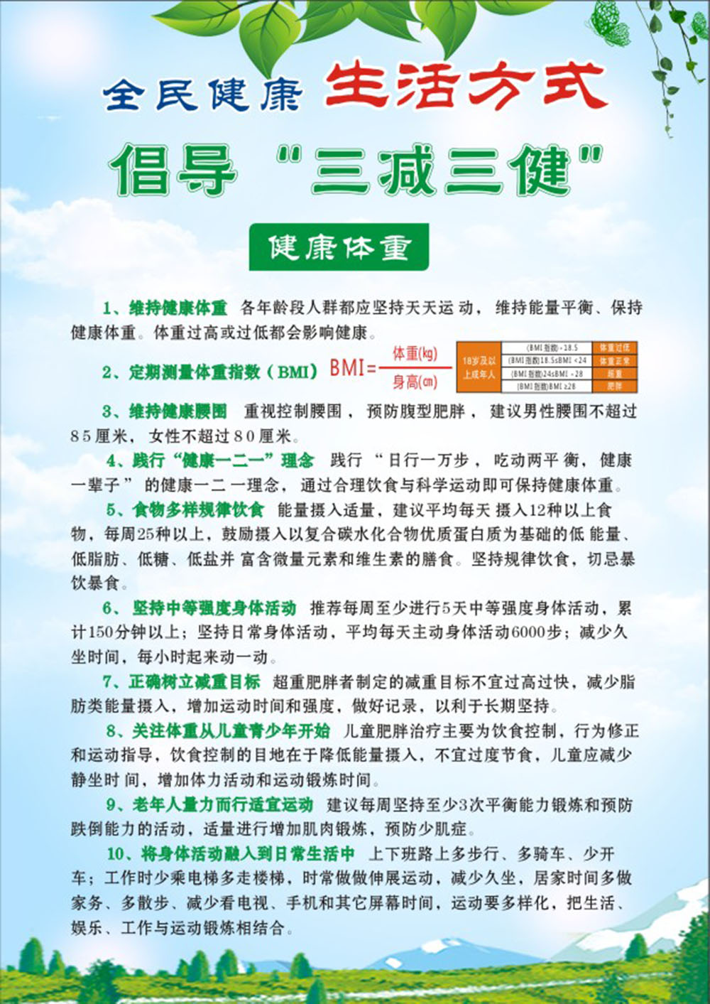 767全民健康生活方式三减三健体重369写真海报印制展板写真喷绘