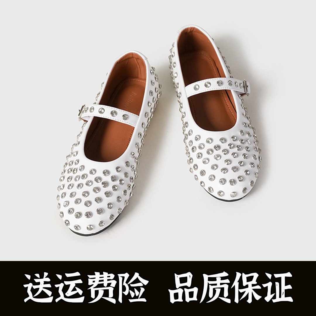 2025新款超火铆钉玛丽珍女鞋圆头一字带水钻浅口软底舒适芭蕾单鞋
