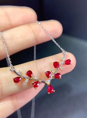 天然无烧红宝石925银白金锁骨链