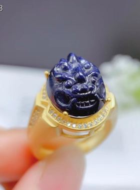 雕刻纯银镀黄金镶嵌宝石男士戒指