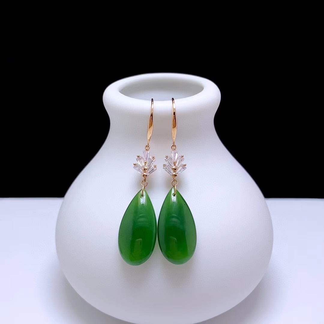 18K厚金镶天然和田玉碧玉水滴耳坠老料菠菜绿18k黄金玫瑰金耳饰女