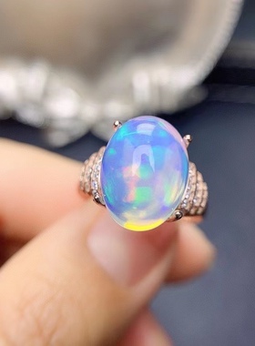 大气天然澳宝欧泊戒指女925纯银白金玫瑰金镶好火彩高档大气活口