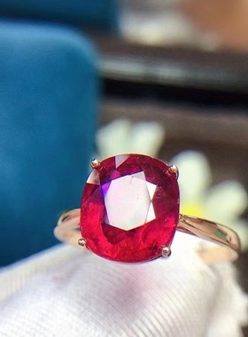 大戒面银镶缅甸红宝石戒指10x12mm925银镀玫瑰金白金简单四爪活口