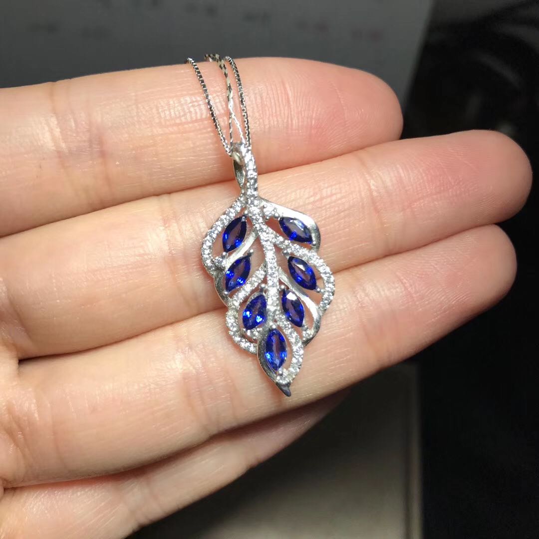 925银镶天然蓝宝石项链吊坠多粒宝石坠叶子挂坠高品质高大上礼物