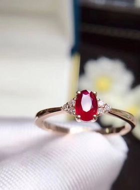 玫瑰金镶天然红宝石戒指女款活口
