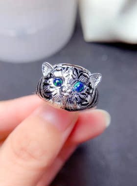 天然黑欧泊老虎戒指开口指环925银霸气男女戒彩色宝石情人节礼物