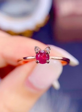 正品玫瑰金镶小红宝石戒指天然宝石925银镀18k金活口精致小巧女戒