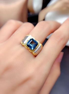 天然伦敦蓝纯银精工镶嵌男士戒指