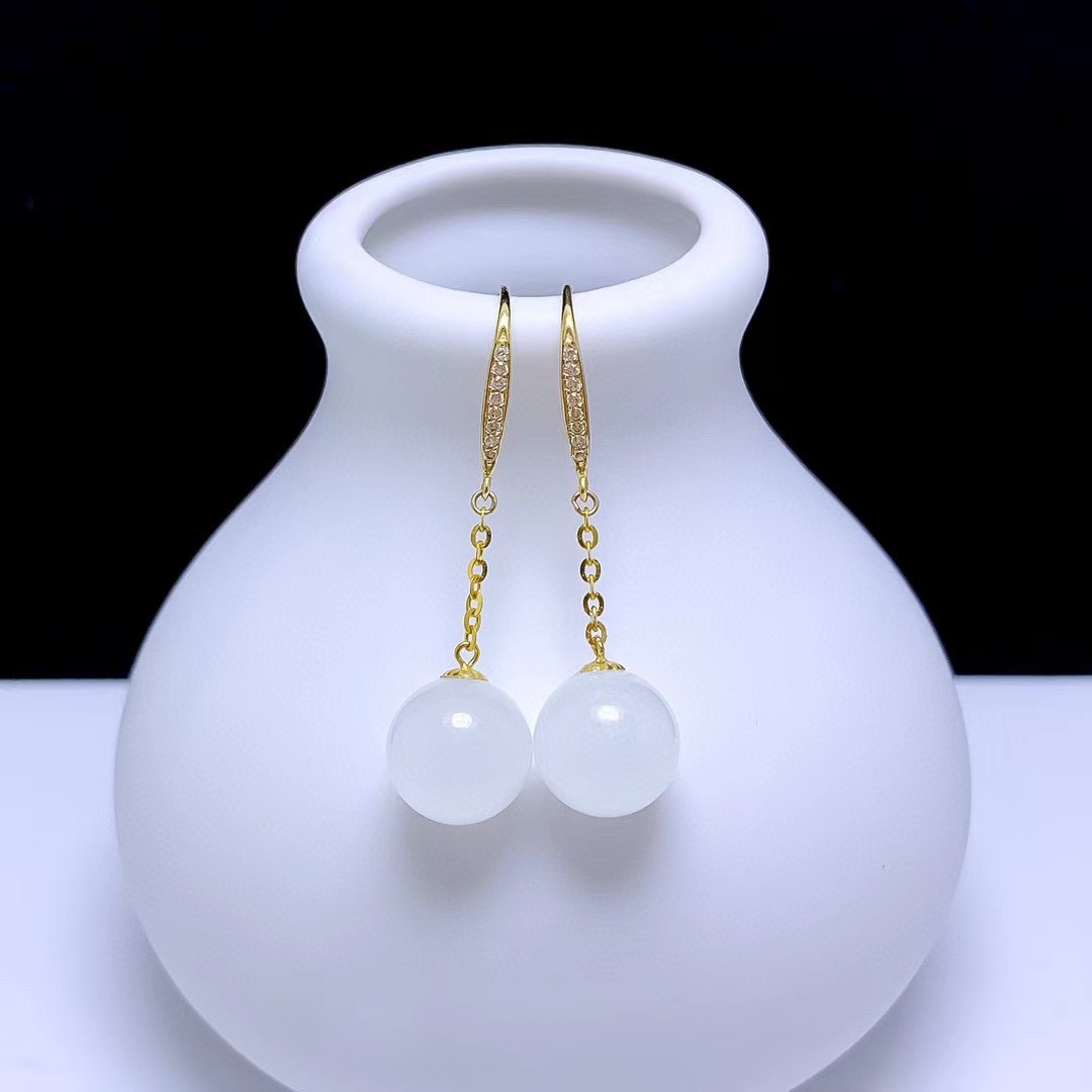 国风厚金版18k黄金镶天然和田玉耳坠女羊脂白玉老料气质高雅耳环