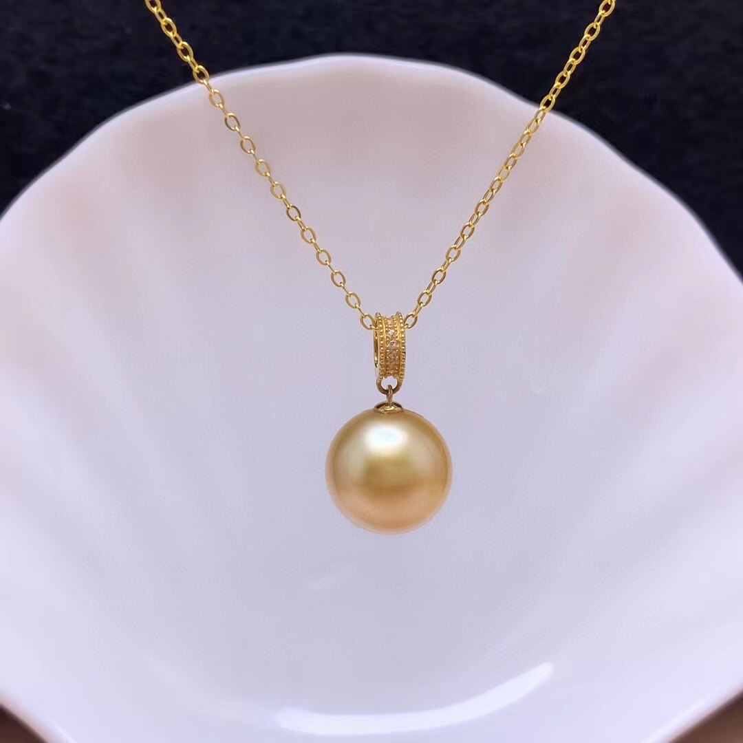 18K厚金镶嵌南洋海水珠吊坠女圆11mm黄色金色珍珠项链坠简单大方