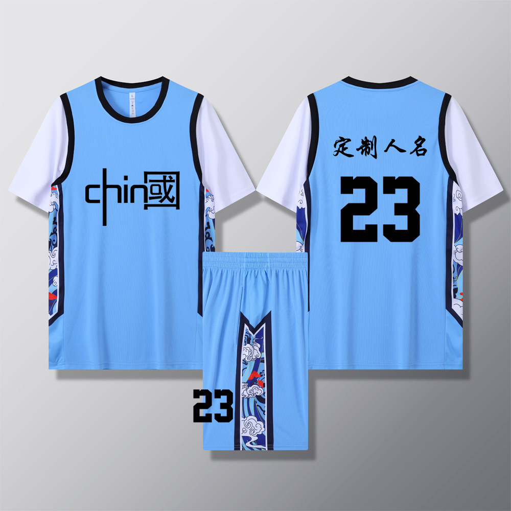 女款女生女童学生假两件短袖篮球服运动健身套装定制印刷B003天蓝