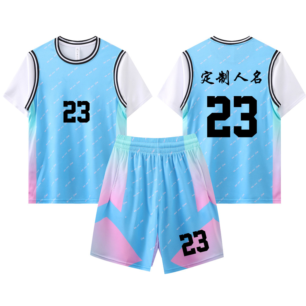 女款女生女童学生假两件短袖篮球服运动健身套装定制印刷B005天蓝