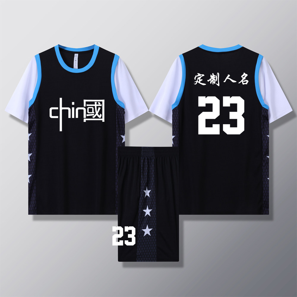 女款女生女童学生假两件短袖篮球服运动健身套装定制印刷B004黑色