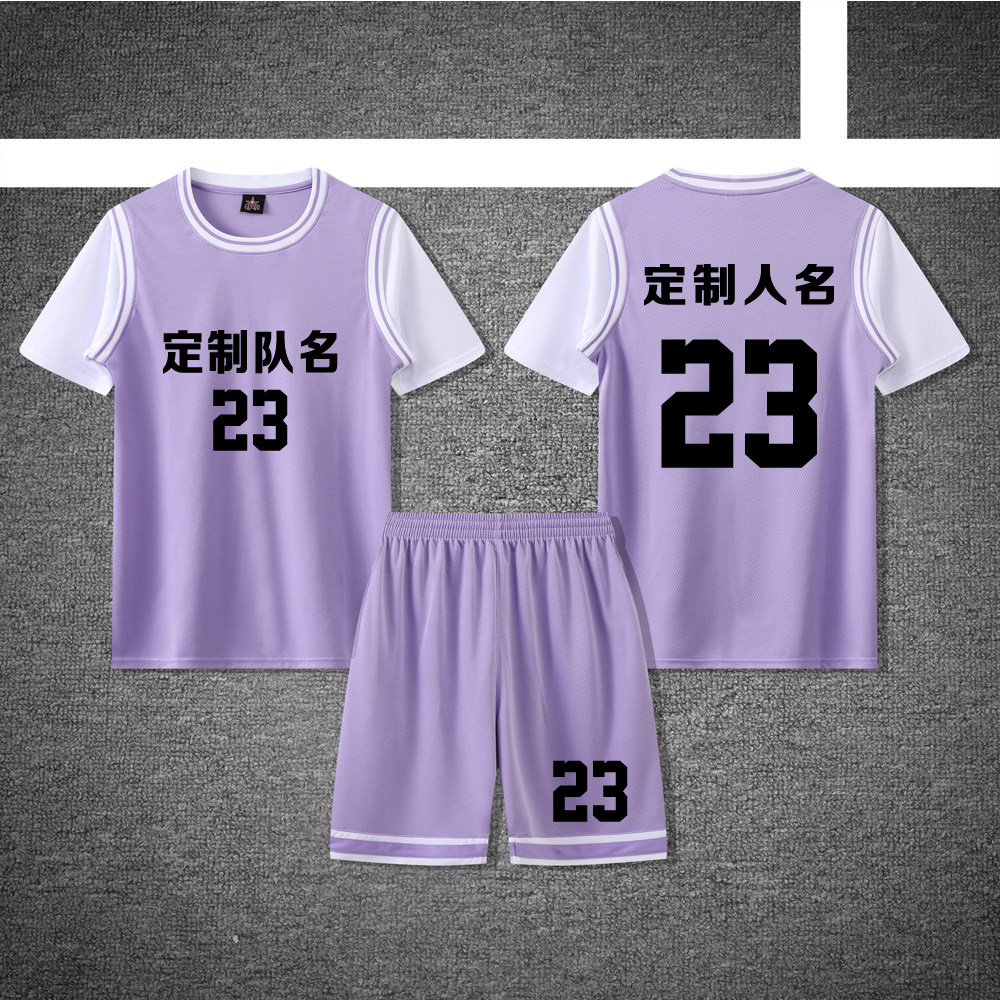 女款女士女生学生假两件短袖篮球服运动健身套装定制印刷A833紫色