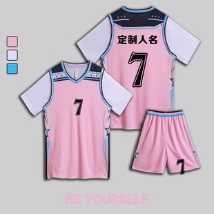 女款女生女童学生假两件短袖篮球服运动健身套装定制印刷3009粉色