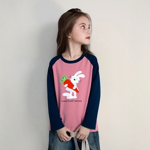 拼袖 女童秋装 插肩卡通兔子 长袖 27home韩版 T恤宝宝纯棉打底衫 童装