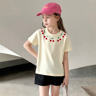 2026夏季新款宝宝衣服 韩版潮童装女童卡通樱桃印花休闲短袖T恤薄