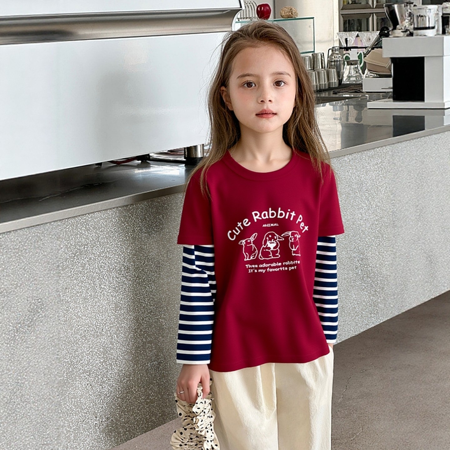 春季品牌外贸童装女打底衫 宝宝衣服儿童纯棉长袖T恤假两件枣红色