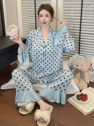 Ice Silk Pajamas for Women 2026 New Summer Style Loose Sweet Polka Dot Bell Sleeves Long Sleeves Long Pants Home Wear Set