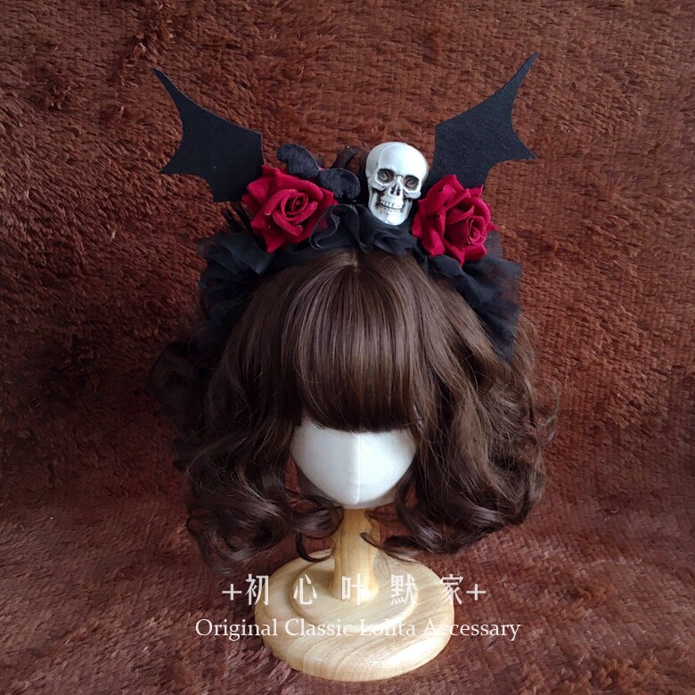 哥特暗黑玫瑰发夹魔女头纱发箍lolita大恶魔翅膀头饰万圣节自制