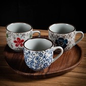 2个复古釉下彩高温瓷带把柄主人喝茶杯彩绘日式 品茗110ml花卉青花