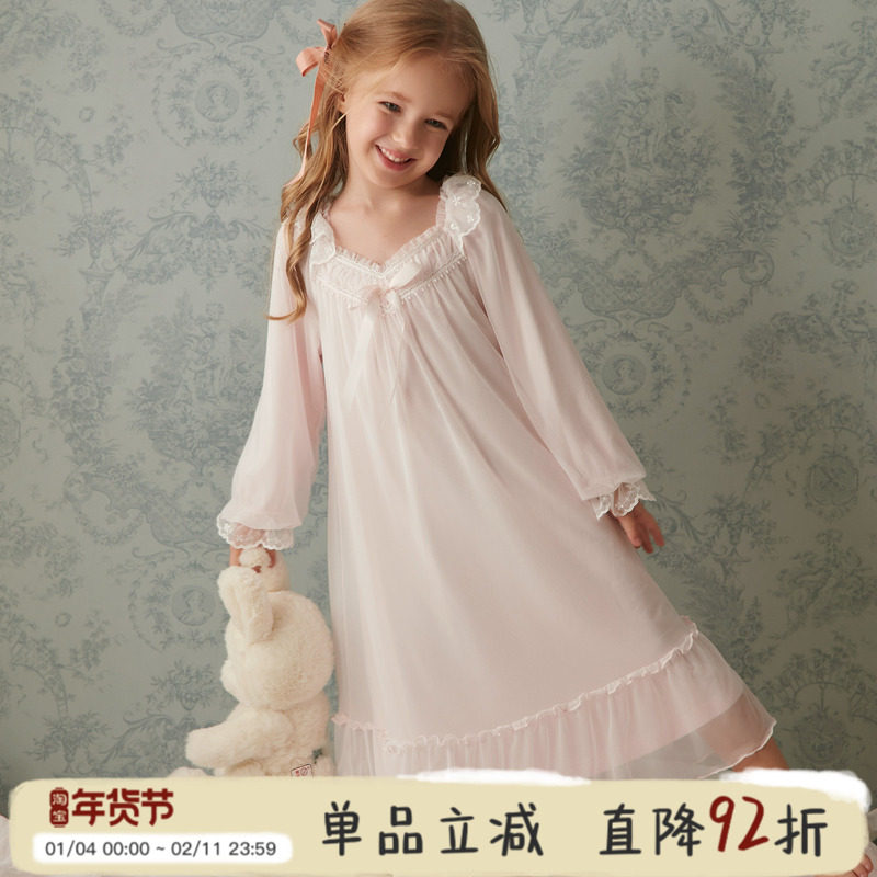 RoseTree儿童公主睡裙女童春秋长袖蕾丝女孩宝宝中大童宫廷风睡衣