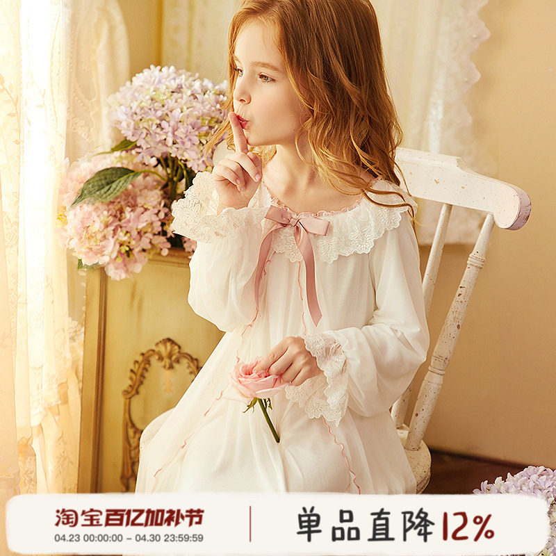 Rosetree女童睡裙春秋公主薄款可爱宝宝宫廷女孩长袖儿童甜美睡衣