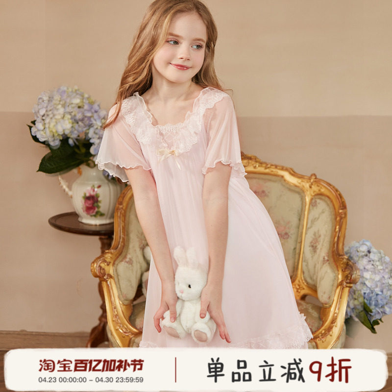 女童睡裙夏季公主风儿童睡衣裙短袖薄款冰丝女孩中大童宝宝家居服