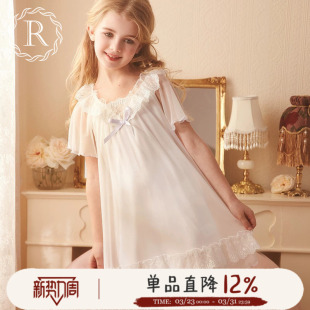 宫廷风儿童宝宝睡衣 冰丝小女孩短袖 Rosetree女童公主睡裙夏季 薄款