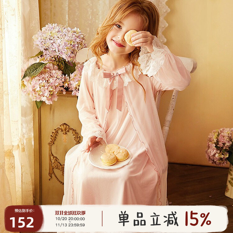 RoseTree女童公主睡裙长袖春秋儿童蕾丝宫廷宝宝女孩亲子冰丝睡衣
