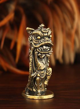 黄铜中国舞狮国潮风瑞兽醒狮纯铜茶宠小摆件桌面造景玄关酒柜装饰