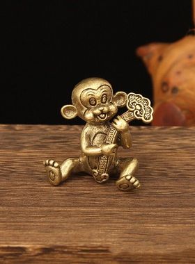 新款实心猴抱如意摆件黄铜家居客厅办公室桌面茶宠装饰礼品工艺品