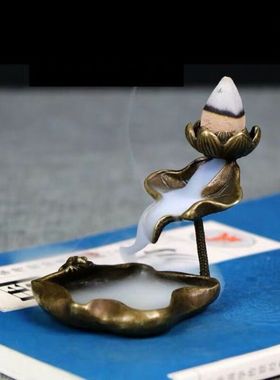 古董古玩铜器荷叶莲花倒流香摆件铜香插香托茶道生活古典家居摆件